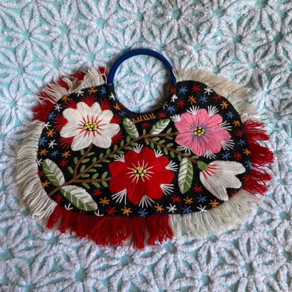 Vintage floral crewel handbag purse Madeira Souvenir handmade embroidery - Picture 3 of 4
